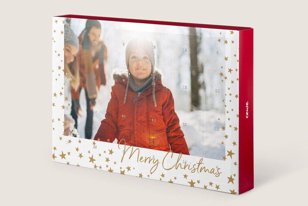 Adventskalender met feestelijk ontwerp en tekst 'Merry Christmas'